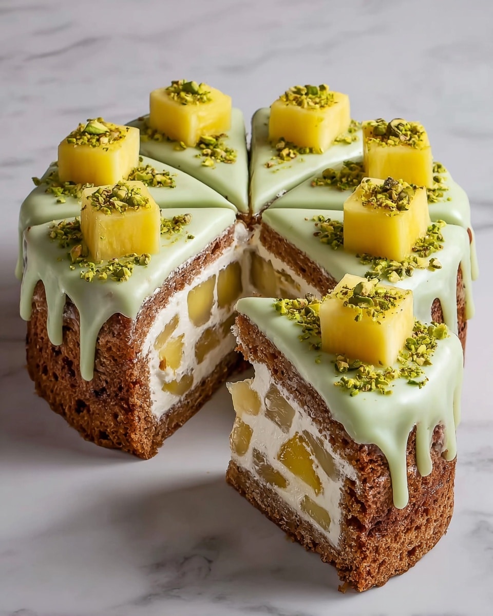 The image shows an eight-slice round cake with two thick brown layers filled with white cream and chunks of yellow fruit inside. The cake is topped with a smooth, light green glaze that drips slightly over the edges of each slice. Each slice is decorated with a bright yellow fruit cube on top, sprinkled with small green pistachio pieces. The cake is placed on a white marbled surface, and one slice is slightly pulled out to reveal the inside layers and texture clearly. photo taken with an iphone --ar 4:5 --v 7