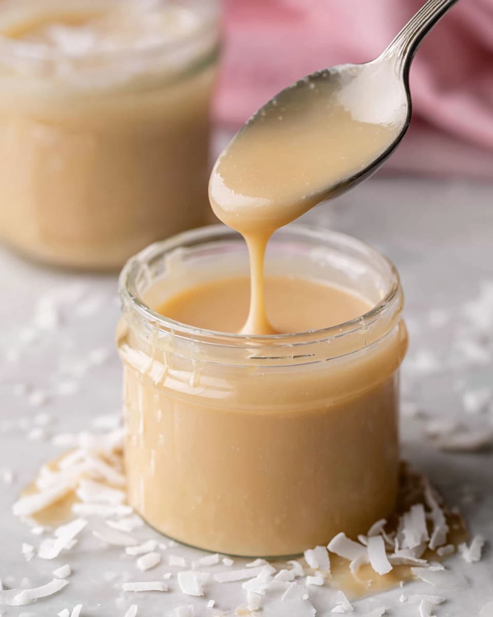 A close-up image of a small clear glass jar filled with thick, creamy beige sauce that is slightly dripping over the sides, placed on a white marbled textured surface with white coconut flakes scattered around. A silver spoon lifts some sauce above the jar, showing its smooth, glossy texture and thick consistency, with a slow drip falling back into the jar. In the softly blurred background, there is another similar jar. Photo taken with an iphone --ar 4:5 --v 7