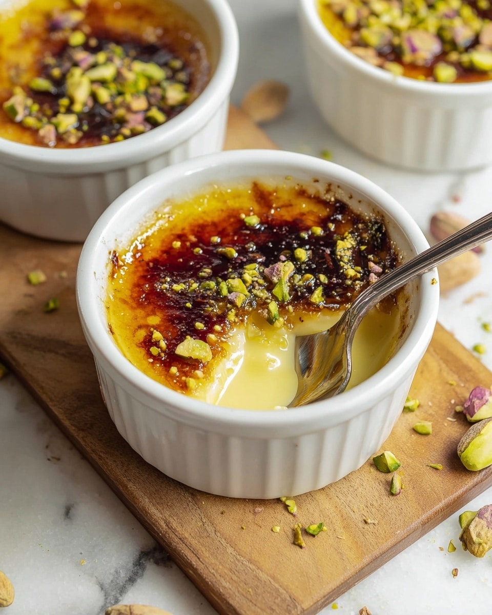 A white ramekin filled with a creamy yellow custard topped with a dark caramelized sugar crust that is cracked open by a silver spoon, revealing the smooth texture beneath. Tiny green and brown crushed pistachios are sprinkled over the burnt caramel layer, adding color and texture. The ramekin sits on a wooden board with a few whole pistachios and crushed bits scattered around. Two other white ramekins with the same custard and pistachio topping are partially visible in the background on a white marbled surface. Photo taken with an iphone --ar 4:5 --v 7