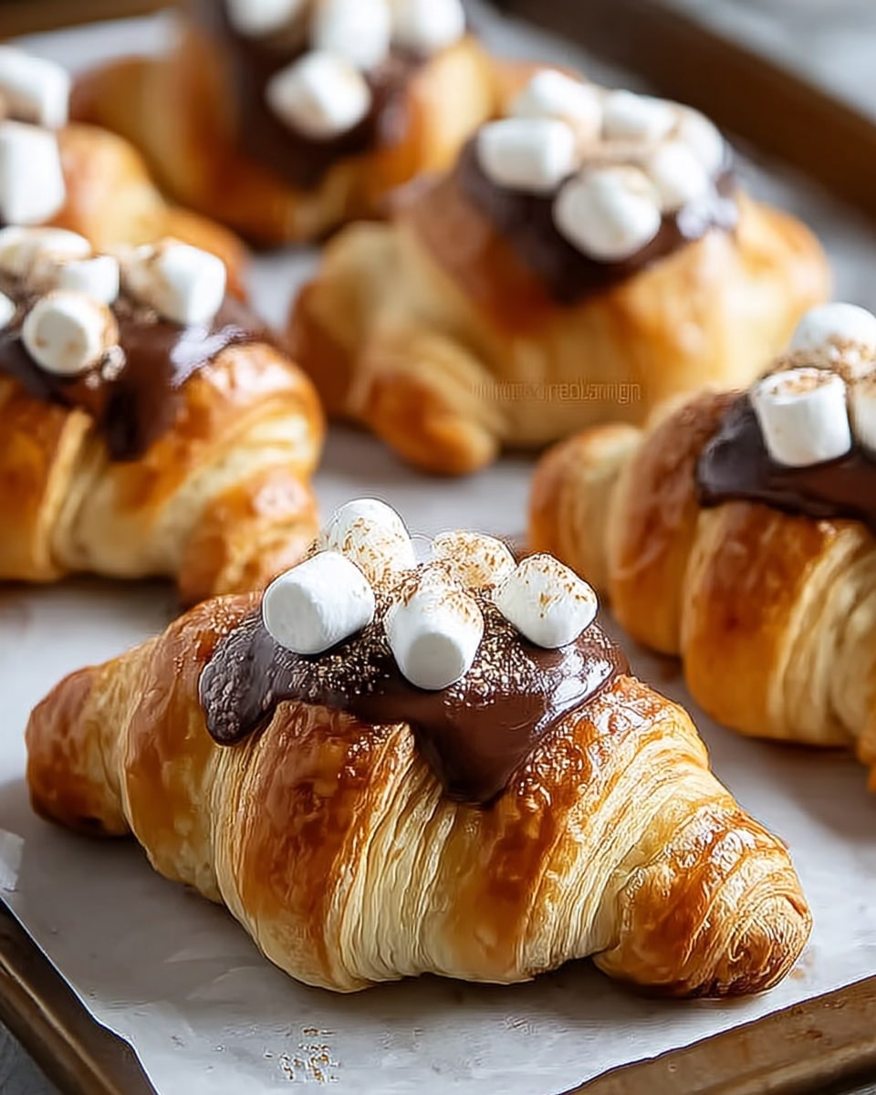 The image shows several croissants on a baking tray lined with parchment paper, placed on a white marbled surface. Each croissant is golden brown and flaky, with a small section on top covered in a rich, dark chocolate sauce. On the chocolate layer, there are small white mini marshmallows scattered evenly, some lightly dusted with a powdery spice like cinnamon. The croissants are arranged in a close cluster, with the front one in sharp focus showing its layered texture clearly. Photo taken with an iphone --ar 4:5 --v 7