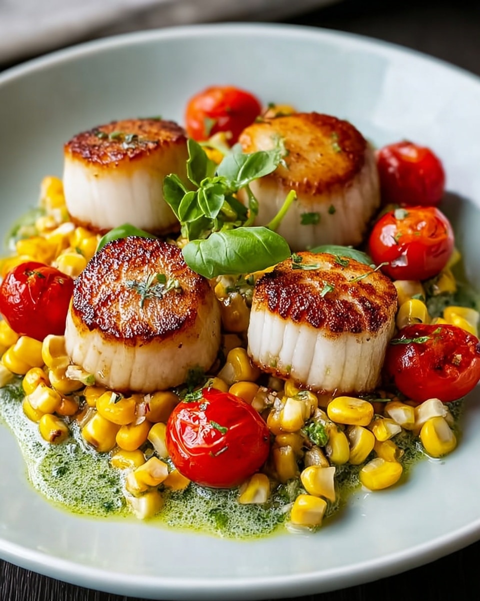 A white plate holds a dish with five large seared scallops, each showing a golden brown crust on top and smooth white sides, arranged in the center. They sit on a bed of bright yellow corn kernels mixed with green herbs and a green sauce, adding a fresh touch. Around the scallops are several glossy, red cherry tomatoes, some grouped together, providing a vibrant contrast. A small sprig of fresh green basil sits on top, adding color and detail. The plate is placed on a white marbled surface. photo taken with an iphone --ar 4:5 --v 7