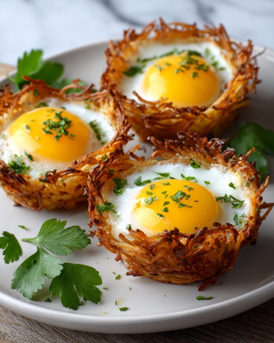 Three golden brown, crispy nest-shaped potato cups sit on a round white plate with a white marbled surface below. Each nest is filled with a smooth, cooked egg white layer that edges the bright, glossy yellow egg yolk in the center. Finely chopped green herbs are sprinkled evenly on top of the yolks and scattered around the plate. Fresh green herb leaves are placed on the plate near the nests, adding color contrast. The overall texture shows a mix of crunchy potato strands and soft cooked eggs, presented closely together for a cozy look. Photo taken with an iphone --ar 4:5 --v 7