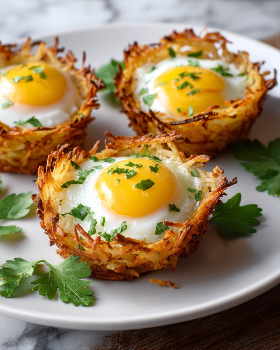Three nests made from golden brown, crispy shredded potatoes form the base layer sitting on a white plate. Each nest holds a perfectly cooked sunny-side-up egg with a bright yellow yolk and firm white. The eggs are sprinkled with small, fresh green herb pieces on top, adding a pop of color. Fresh green herb leaves are placed around the plate for decoration. The plate rests on a white marbled surface. photo taken with an iphone --ar 4:5 --v 7