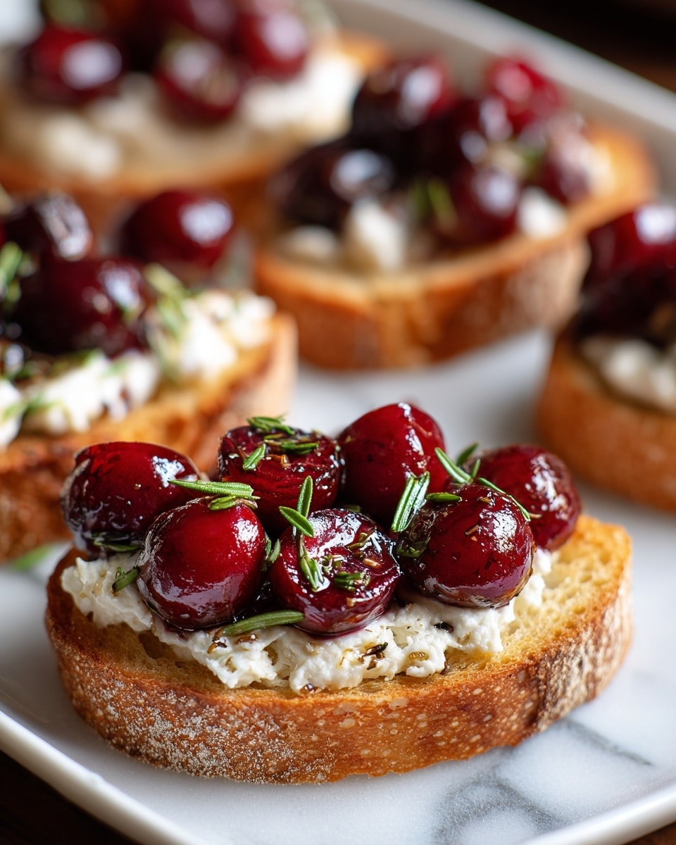 The image shows several pieces of toasted bread slices arranged closely on a white plate with a white marbled surface beneath. Each bread slice has three visible layers: a crispy, golden-brown base with a rough texture, a thick spread of white, creamy cheese in the middle, and a topping of shiny, deep red cherries with a few green herb leaves scattered on top. The cherries look moist and juicy, glistening under the light. The focus is on the front bread slice, with the others softly blurred in the background, creating depth. photo taken with an iphone --ar 4:5 --v 7