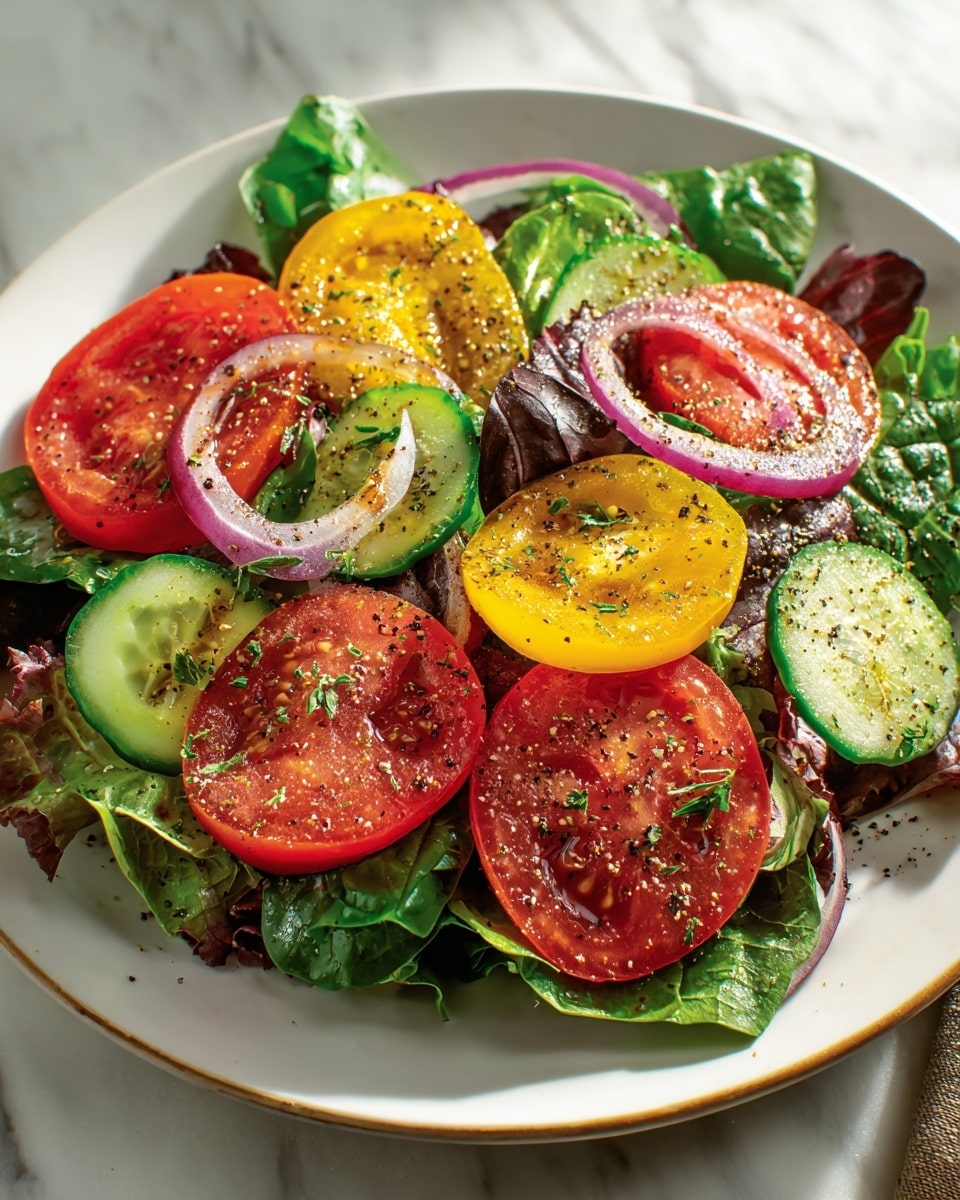A fresh salad arranged on a white plate with layers starting from the bottom with mixed green leaves including spinach and lettuce, adding a leafy texture. On top, bright red tomato slices are layered evenly, interspersed with yellow tomato slices for color contrast. Thin rings of purple-red onion are scattered across the salad, adding a light, translucent layer with a slight sheen. Small pieces of cucumber, pale green with dark green edges, are placed around, adding a crisp and juicy texture. The entire salad is lightly sprinkled with coarse ground black pepper and herbs, giving a speckled look of seasoning. The plate sits on a white marbled surface with a soft, natural light shine, capturing the freshness of the ingredients. Photo taken with an iphone --ar 4:5 --v 7