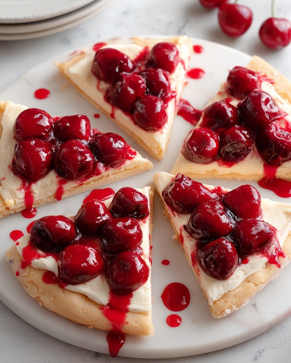 The image shows five slices of a cherry dessert pizza arranged in a circle on a white plate with a white marbled textured surface underneath. The pizza has three visible layers: the bottom layer is a light golden-brown crust with a soft and slightly thick texture, the middle layer is a smooth creamy white spread, and the top layer consists of bright, glossy whole cherries with a deep red color, covered in a shiny red glaze that drips slightly onto the creamy layer. Some whole cherries and strings of the red glaze can be seen on the plate and surface near the slices. Photo taken with an iphone --ar 4:5 --v 7