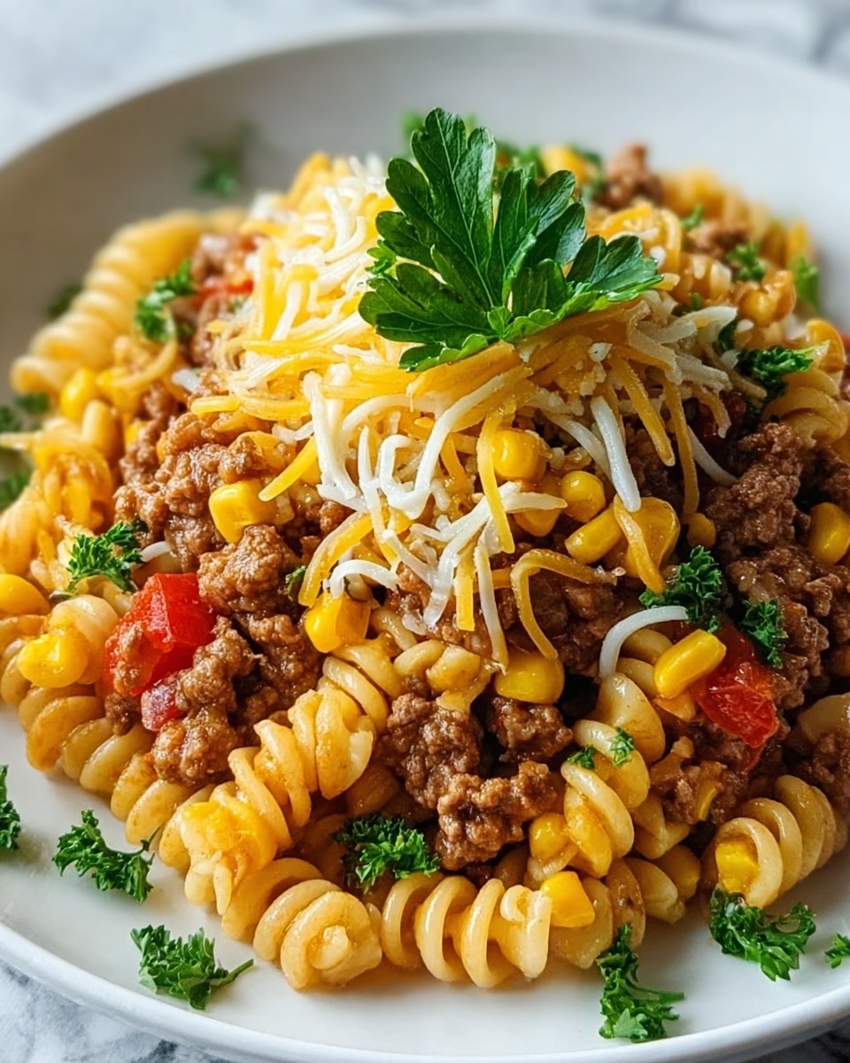 A close-up of a white plate filled with about three layers of food: the base layer is spiral-shaped pasta with a yellowish cream color, mixed with pieces of bright yellow corn and small bits of red tomato; the middle layer is ground beef with a brown, crumbly texture spread evenly over the pasta and vegetables; the top layer has a mix of shredded cheese in yellow and white colors piled in the center with a fresh green parsley leaf resting on top, while smaller parsley leaves are scattered around the dish; the whole plate is set on a white marbled surface; photo taken with an iphone --ar 4:5 --v 7