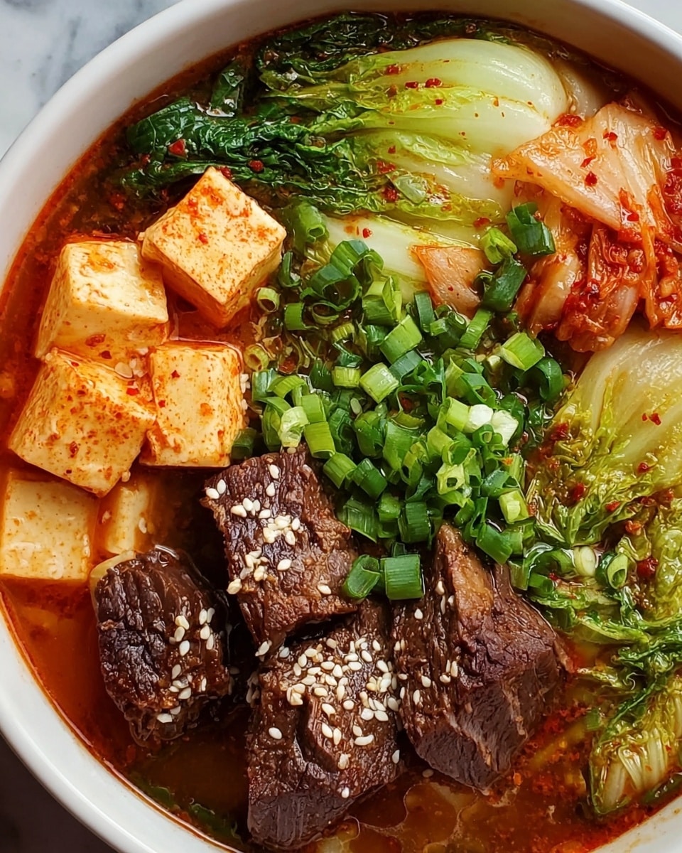 A close-up of a white bowl filled with a rich, reddish-brown broth. Inside the bowl are four thick dark brown beef chunks sprinkled with white sesame seeds on one side, two creamy white tofu blocks with red chili flakes on the top left, and several light green leafy vegetables on the right. In the center, there is a pile of chopped green onions with a mix of light and dark green shades. Some orange and white kimchi pieces are partially visible under the green onions. The bowl sits on a white marbled surface. Photo taken with an iphone --ar 4:5 --v 7