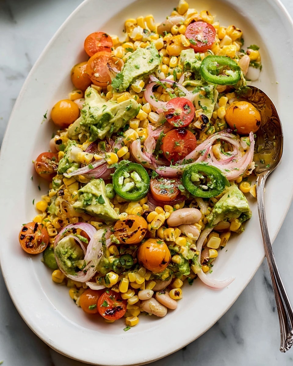 A white oval plate holds a colorful salad with several layers of ingredients. The base layer is bright yellow grilled corn kernels with some char marks, mixed with light brown beans scattered throughout. On top are soft chunks of green avocado and charred small orange cherry tomatoes. Thin rings of pale pink shallots and slices of green jalapeno peppers add texture and color. The dish is sprinkled lightly with chopped fresh herbs, giving a touch of green over the whole salad. A silver spoon rests on the right edge of the plate, partially buried in the salad. The plate sits on a white marbled surface. photo taken with an iphone --ar 4:5 --v 7