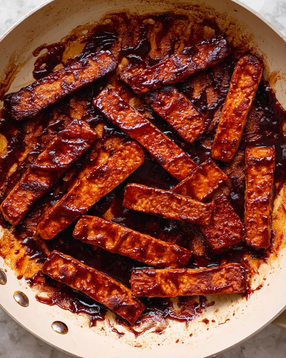 Long, rectangular pieces of tempeh are cooked in a white pan, covered in a thick, shiny, dark reddish-brown sauce that looks sticky and rich. The tempeh pieces are arranged randomly but fill the pan, with sauce splattered around the edges, showing a slightly caramelized texture. The surface of the tempeh is uneven with visible crumbles and a glossy finish from the sauce. The pan itself is light with small metal rivets visible on one side, all set against a white marbled texture background. Photo taken with an iphone --ar 4:5 --v 7