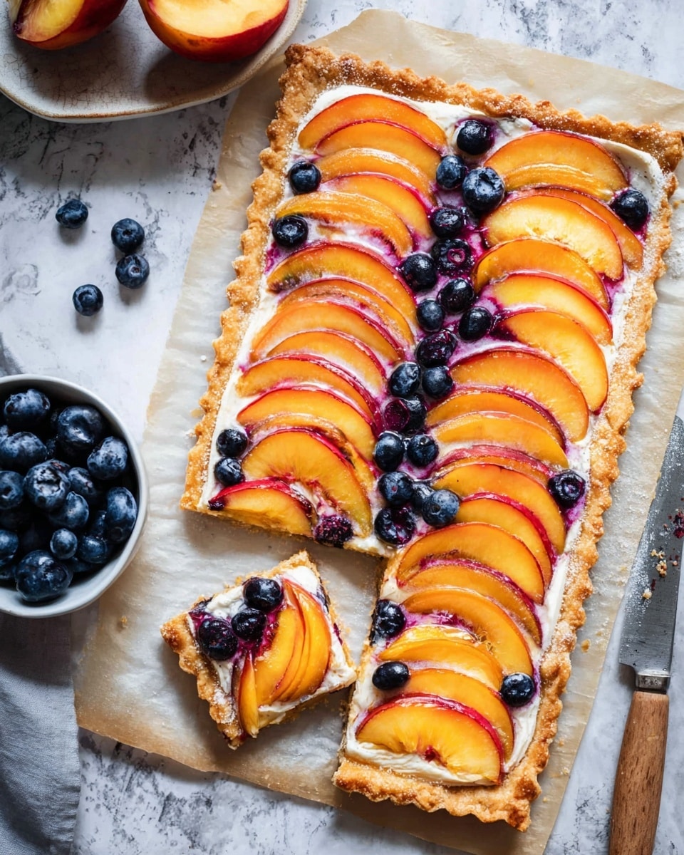 A rectangular peach and blueberry tart with three visible layers is shown on parchment paper over a white marbled texture. The bottom layer is a golden-brown, flaky crust with neatly raised edges. On top, there is a creamy white filling spread evenly. Arranged in neat rows, there are thin, bright orange peach slices with red edges covering most of the tart, and scattered plump, dark blue blueberries rest between the peach slices adding color contrast. A square piece is cut out from the tart with a peach slice and blueberry still visible on it. Surrounding the tart, loose blueberries and a small white bowl with peach slices are placed, along with a knife with a wooden handle lying nearby. photo taken with an iphone --ar 4:5 --v 7