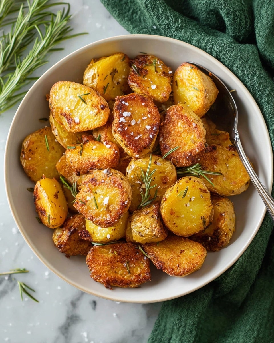 A white bowl holds golden roasted potato pieces, each with a crispy brown outer layer and soft yellow inside. The potatoes are cut into uneven round and oval shapes, stacked loosely in the bowl with a few sprigs of fresh green rosemary on top. Coarse salt flakes are scattered over the potatoes, adding texture. A silver spoon rests on the side inside the bowl. The bowl sits on a white marbled surface, with a green cloth partially visible to the side. photo taken with an iphone --ar 4:5 --v 7