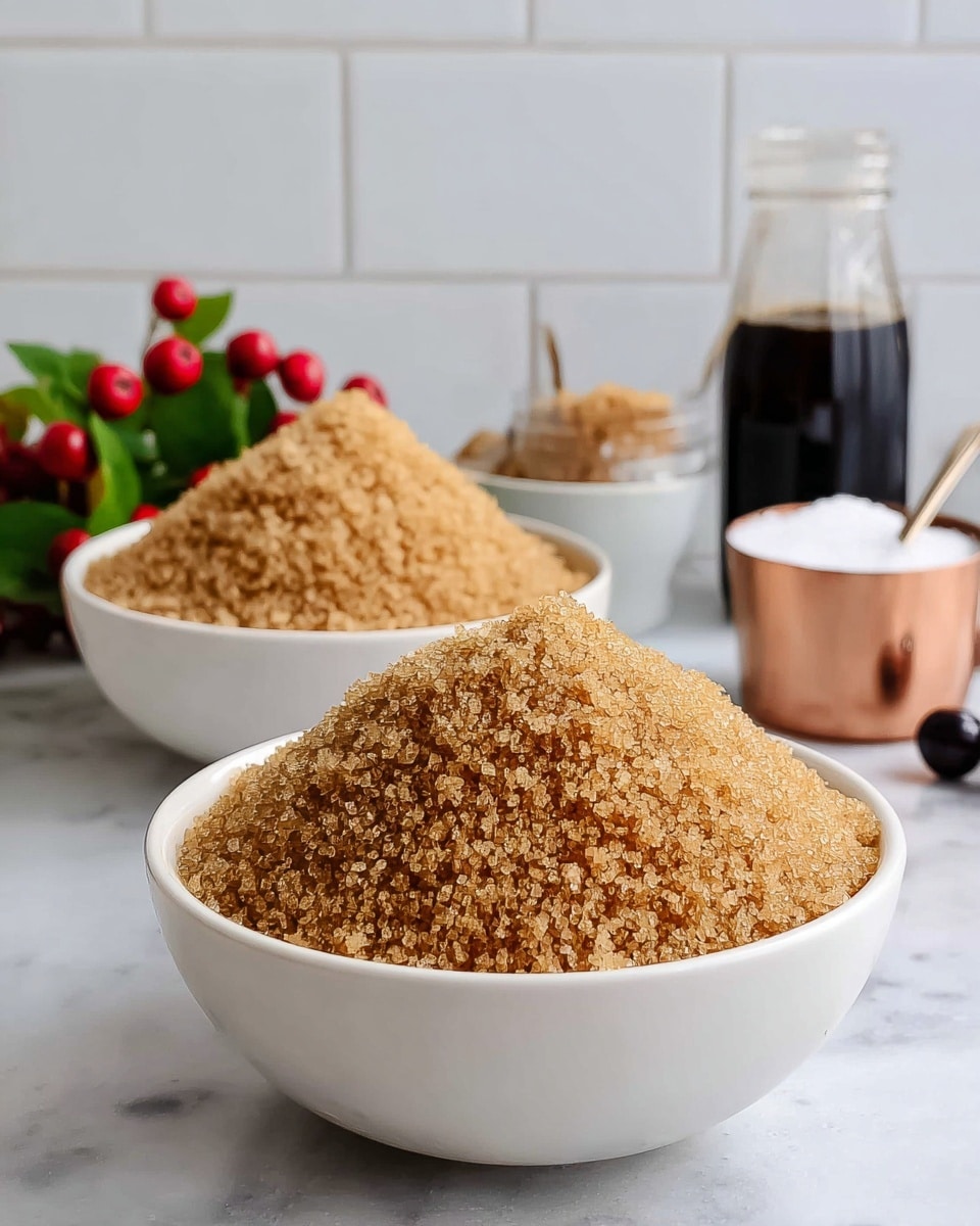 Two white bowls are placed on a white marbled surface, each filled with a large mound of light brown, coarse sugar grains with a crumbly texture. The bowl in the front is slightly closer, showing more detail of the sugar's granules. Behind these bowls, a small glass bottle filled with dark liquid is visible to the right, and a small copper container holding white granulated sugar with a copper spoon resting inside is slightly blurred in the center background. To the left, some bright red berries and green leaves add a splash of color, all set against a plain white tiled wall. photo taken with an iphone --ar 4:5 --v 7