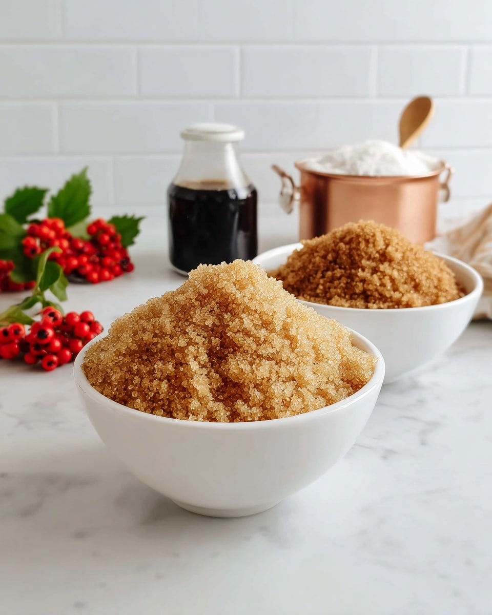 Two white bowls filled with light and dark brown sugar are placed on a white marbled surface. The bowl in the front is filled with light brown sugar, showing a slightly coarse and crumbly texture, piled high above the rim. Behind it, the second bowl contains darker brown sugar with a finer texture, also mounded above the edge. In the background, there is a small glass bottle with dark liquid and a white lid, a copper container holding white sugar with a wooden spoon on top, and a bunch of bright red berries with green leaves on the left side. The scene is bright with a white tiled wall behind. Photo taken with an iphone --ar 4:5 --v 7