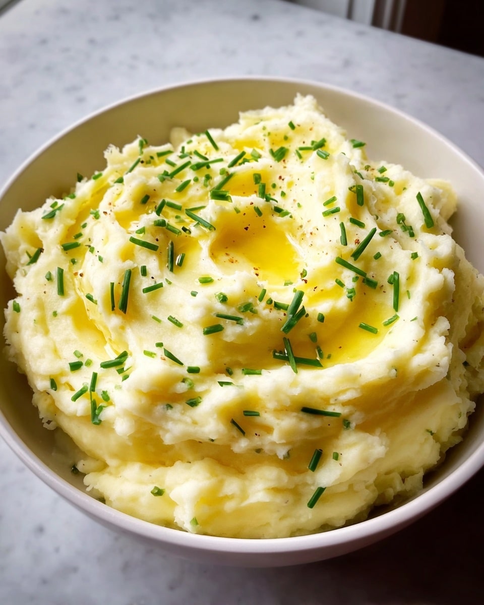 A bowl filled with creamy mashed potatoes, showing a rough, fluffy texture with visible swirls and small peaks on the surface. The mashed potatoes are light yellow in color and topped with small pieces of green chives scattered across. There is a small pool of melted butter that shines golden in the middle, adding a smooth contrast to the fluffy texture. The bowl is white and sits on a white marbled surface near a window with soft natural light. photo taken with an iphone --ar 4:5 --v 7