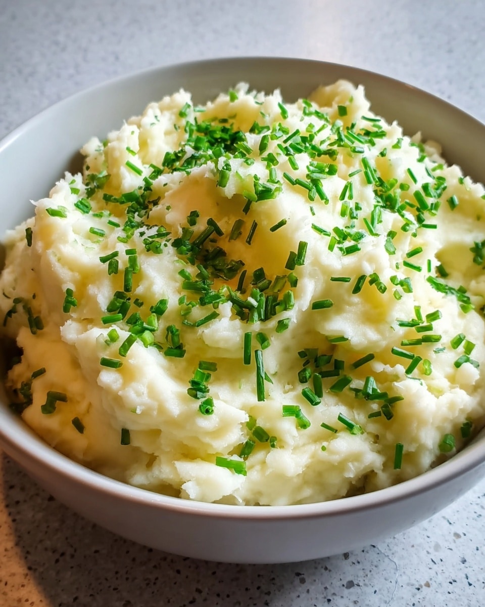 A white bowl filled with creamy mashed potatoes, showing a fluffy texture with small lumps, is topped evenly with finely chopped green chives scattered over the surface, adding a fresh green contrast. The background is a white marbled texture, enhancing the bowl's simple and clean look. The lighting highlights the smoothness of the potatoes and the freshness of the chives, making the dish look warm and inviting. photo taken with an iphone --ar 4:5 --v 7