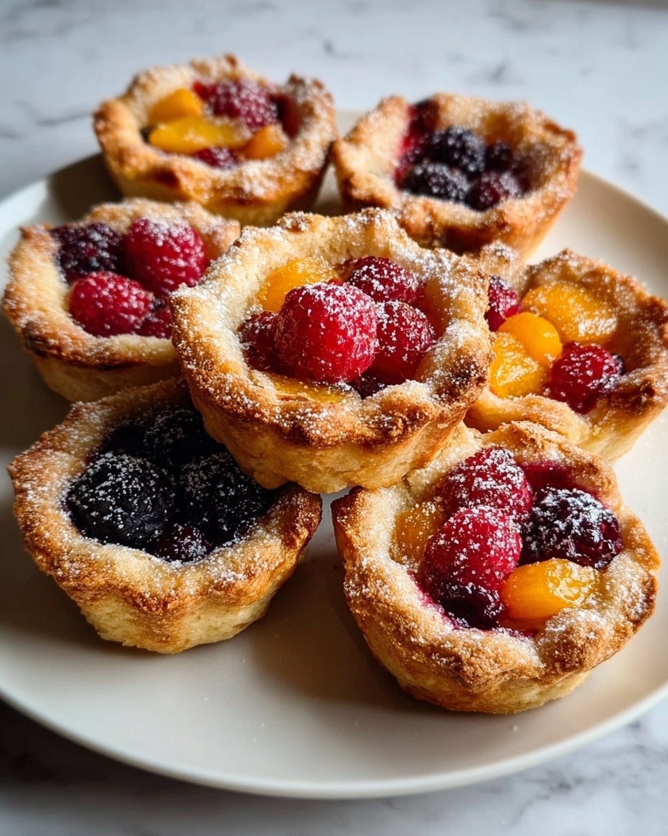 Six small fruit tarts sit on a round white plate on a white marbled surface. Each tart has a golden-brown crust with a slightly rough, crumbly texture and edges that look crisp and flaky. The top layer of the tarts shows mixed fruits including red raspberries, dark blackberries, and orange pieces, all slightly shiny and juicy. A light dusting of powdered sugar covers the crust edges and fruits, adding a frosted look. The tarts are arranged close together with one tart positioned slightly above the others in the center. photo taken with an iphone --ar 4:5 --v 7