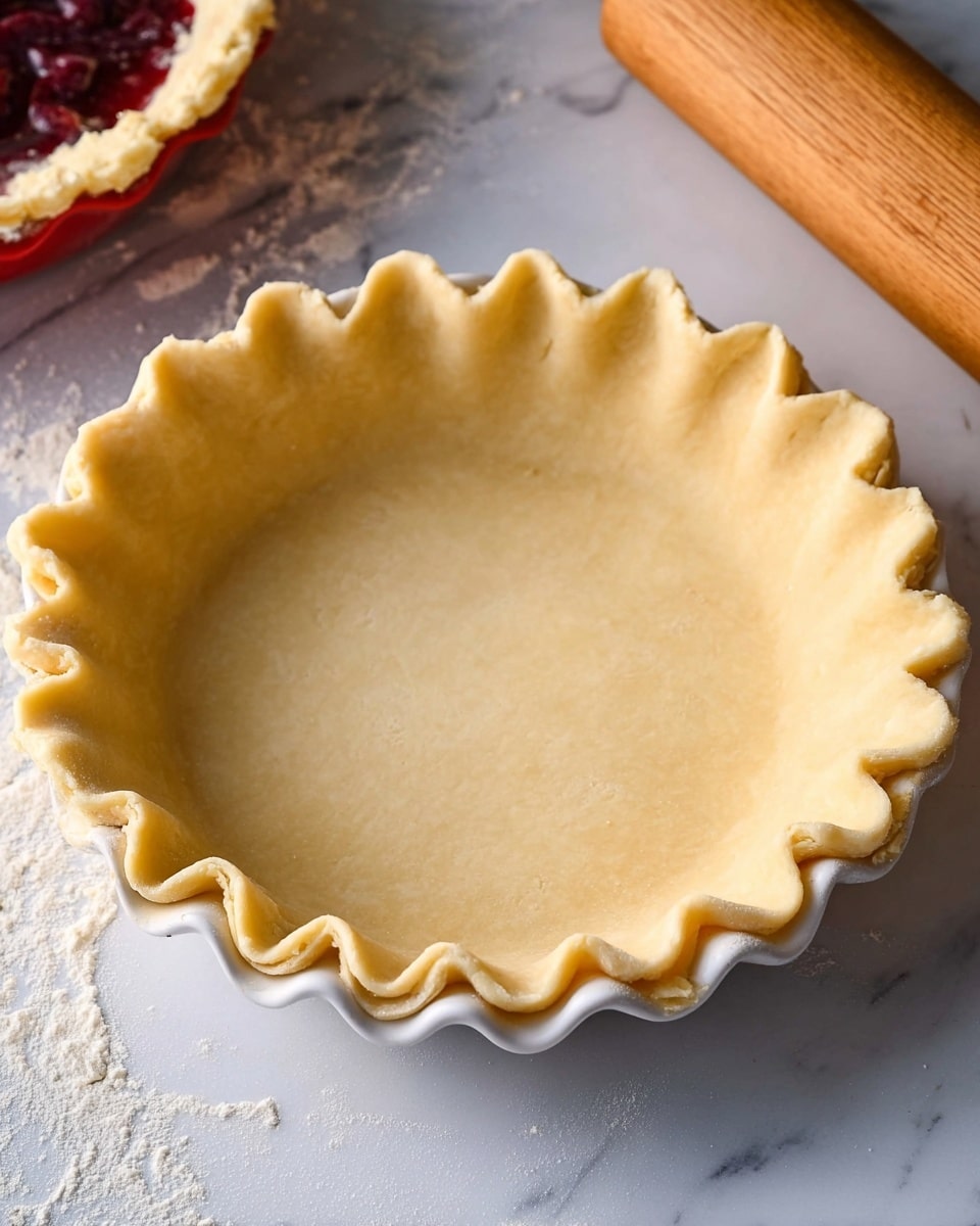 A raw pie crust with a smooth, pale yellow dough pressed evenly into a round dish, the crust edges crimped in a wavy pattern all around the top. The dough looks soft and slightly floured, with some excess dough trimmed and peeking out under the rim. A wooden rolling pin with traces of flour rests nearby on a white marbled surface scattered with flour dust. photo taken with an iphone --ar 4:5 --v 7