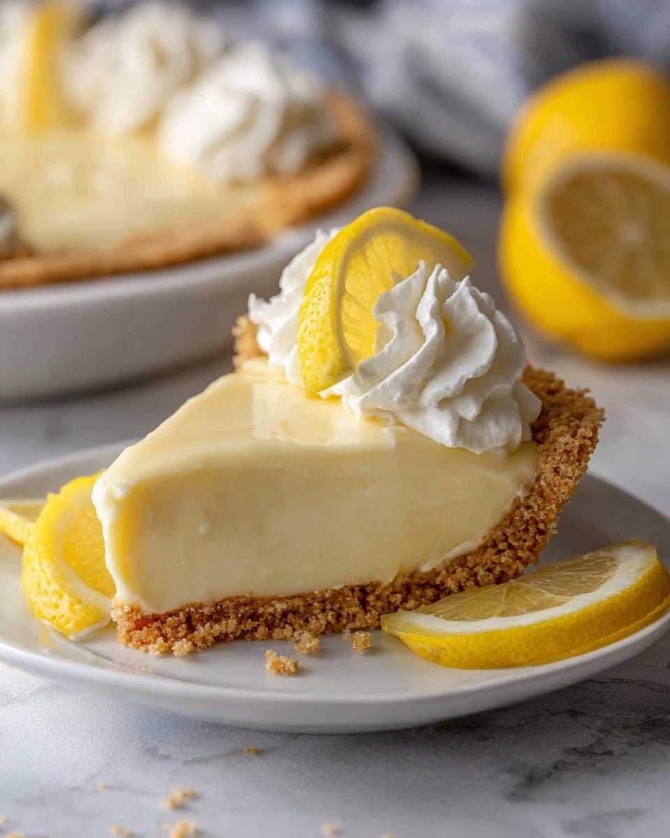 A slice of creamy lemon pie is shown on a white plate set on a white marbled textured surface. The pie has three layers: a crumbly light brown crust at the bottom, a thick pale yellow smooth lemon filling in the middle, and a topping of white whipped cream shaped like a small swirl. On top of the whipped cream is a bright yellow thin lemon wedge. On the plate, next to the pie slice, is another lemon wedge. In the background, part of the whole pie with the same layers is visible on a white plate. Photo taken with an iphone --ar 4:5 --v 7