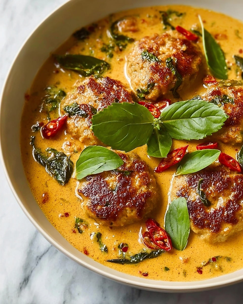 A close-up image of a white bowl filled with a thick, creamy orange-yellow curry sauce that has a smooth texture with tiny bubbles and specks of black pepper throughout. Floating in the sauce are five browned meatballs with a crispy, textured surface and scattered small green herb pieces on them. There are also large bright green basil leaves, red chili slices, and chopped fresh green herbs spread evenly across the surface, adding contrasting colors and freshness. The bowl rests on a white marbled texture surface with a few fresh basil leaves nearby. Photo taken with an iphone --ar 4:5 --v 7