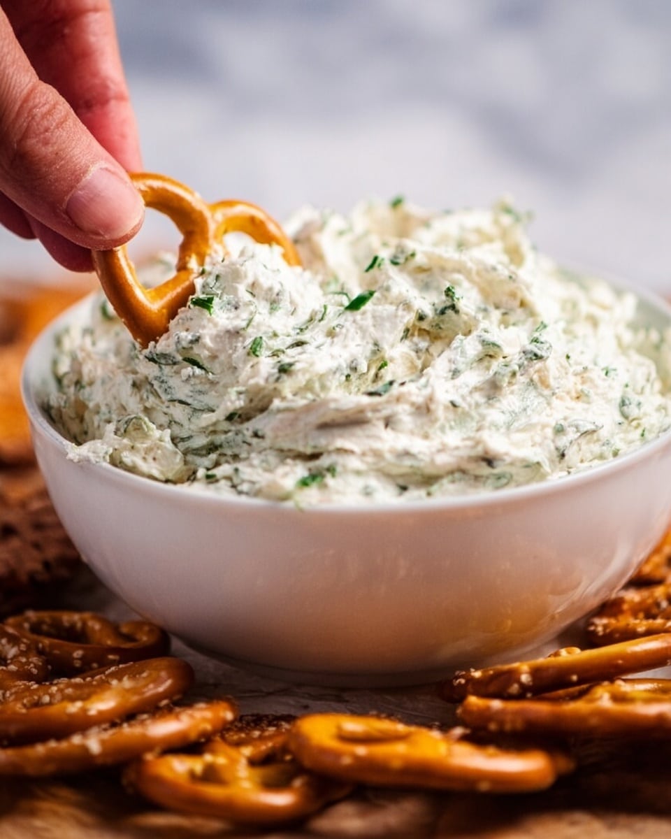 A white bowl filled with a thick, creamy white dip mixed with green herbs, creating a textured, fluffy look. The bowl sits on a white marbled surface, with some golden pretzels placed around the bowl's base. A woman's hand is holding one pretzel, dipping it into the herb-filled creamy mixture. Photo taken with an iphone --ar 4:5 --v 7