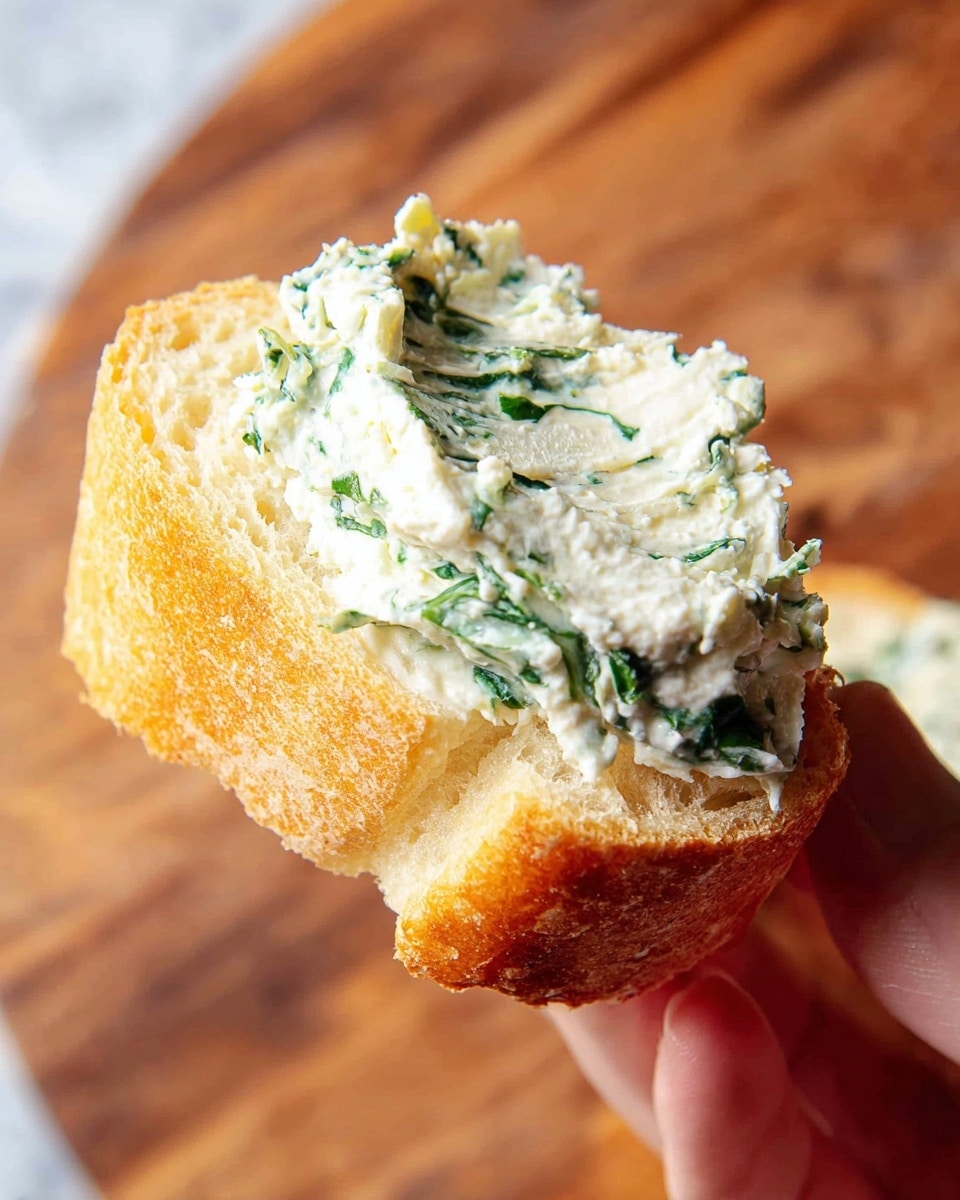 A close-up view of a woman's hand holding a small piece of bread with one thick layer of creamy white spread mixed with green herbs and spinach on top. The bread has a soft, light yellow inside and a golden brown crust. The background is a wooden texture, but imagine it as a white marbled texture. photo taken with an iphone --ar 4:5 --v 7