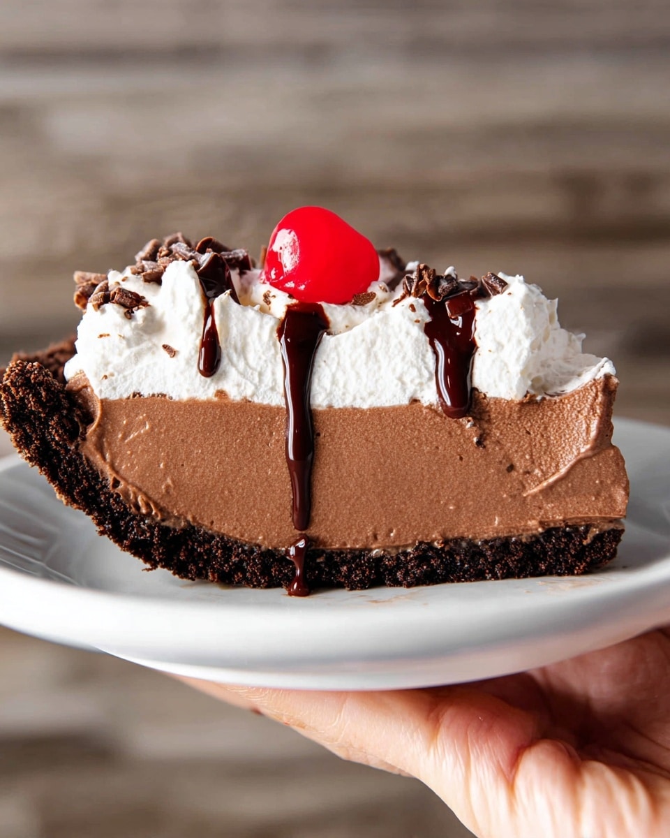 A slice of chocolate pie with three layers: a dark brown crumbly crust at the bottom, a thick and smooth light brown creamy chocolate filling in the middle, and a topping of white whipped cream sitting near the back edge. The whipped cream is decorated with dark brown chocolate syrup drizzled over it and on the filling. On top of the whipped cream, there is a bright red cherry with a long stem. The slice is placed on a white plate held by a woman's hand, with a soft white marbled background behind it. Photo taken with an iphone --ar 4:5 --v 7