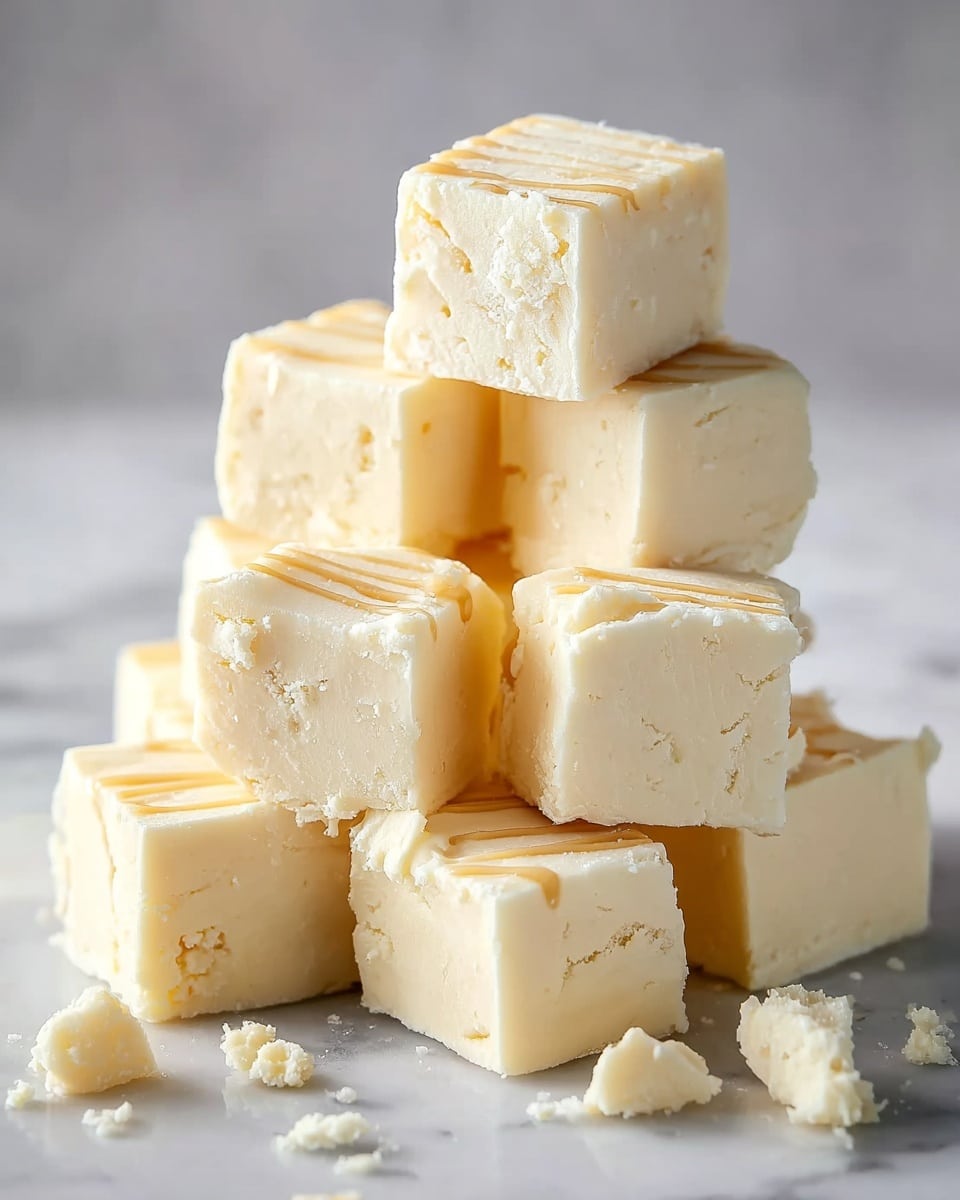 A close-up of five pieces of light tan fudge stacked in a loose pile on a white marbled surface, each piece unevenly cut showing a smooth, slightly crumbly texture with a few white sugar crystals visible on the surfaces, some pieces tilted at different angles to reveal depth and layering of the fudge blocks, soft natural lighting highlighting the creamy texture photo taken with an iphone --ar 4:5 --v 7