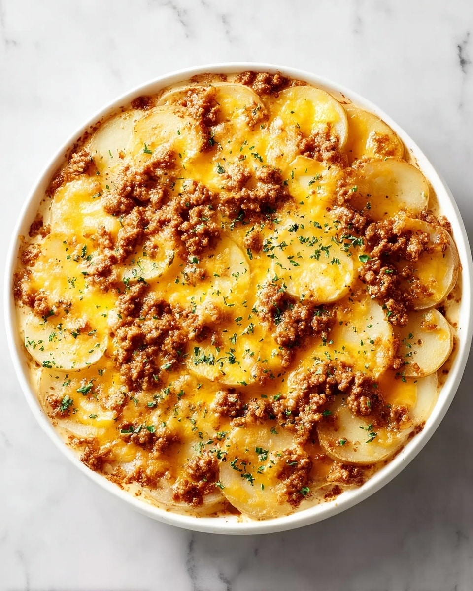 A round white bowl holds a layered dish starting with a base of thinly sliced, pale yellow potatoes arranged evenly. On top of the potatoes is a generous layer of cooked ground meat that is brown and crumbly, spread across the surface. Melted yellow cheese covers the dish, bubbling slightly and dotted with small bits of green herbs sprinkled on top for color. The texture looks creamy where the cheese has mixed with the meat, while the potatoes peek out around the edges. The bowl is placed on a white marbled surface. photo taken with an iphone --ar 4:5 --v 7