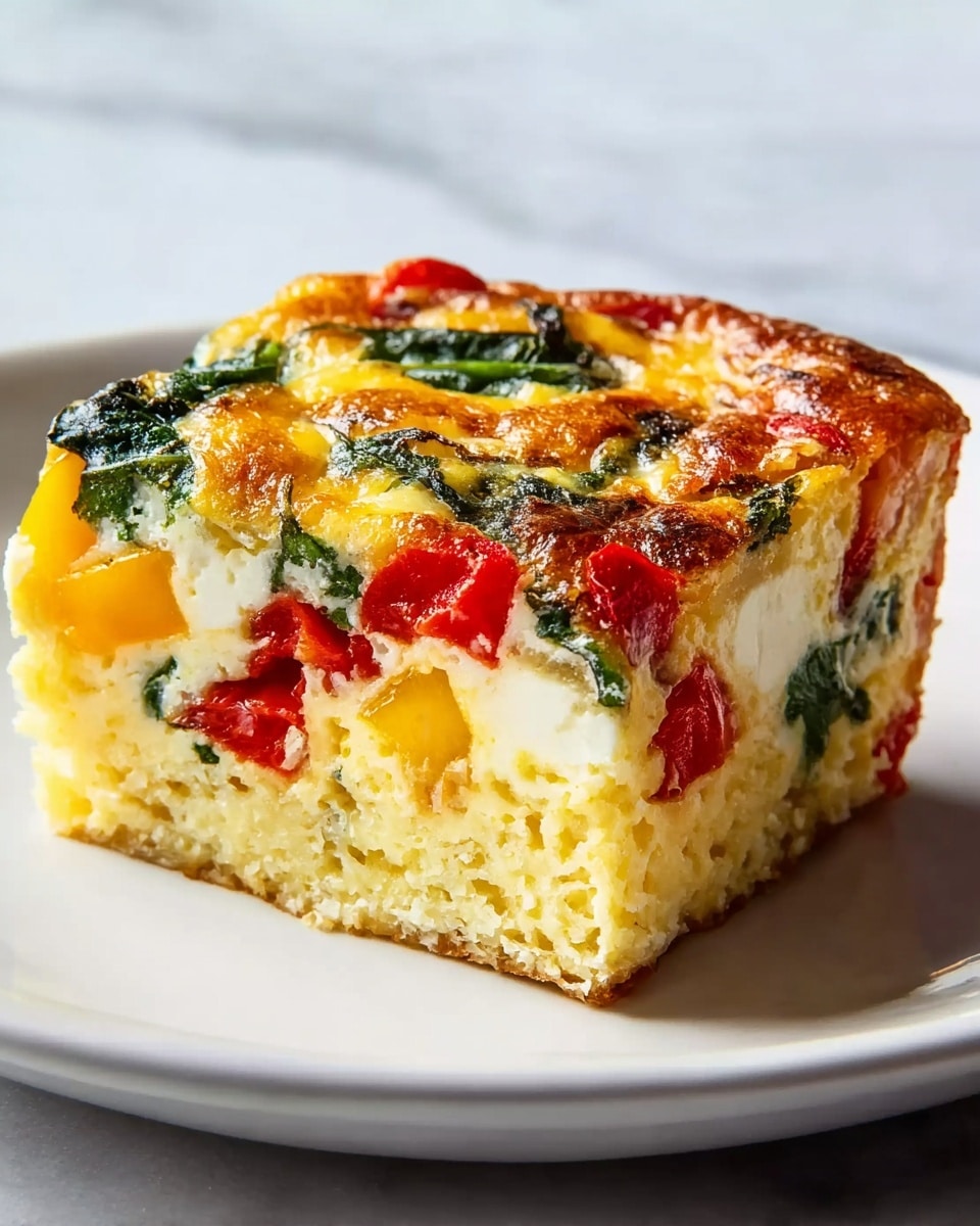 A square piece of baked egg casserole sits on a white plate over a white marbled surface, showing three visible layers: the bottom layer is a light yellow, soft and fluffy baked mixture; the middle layer contains chunks of white cheese and colorful pieces of red and yellow bell peppers along with green spinach leaves; the top layer is golden brown with a slightly crispy texture and melted cheese mixed with more green spinach visible. photo taken with an iphone --ar 4:5 --v 7