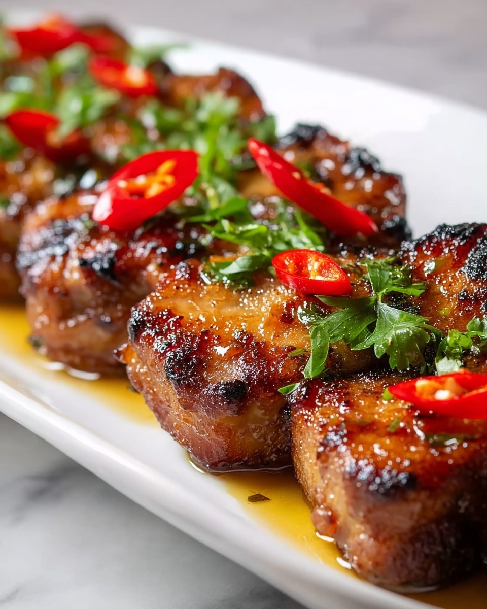 The image shows grilled meat pieces that are golden-brown with crispy char marks, arranged in a row on a long white plate. The meat is glazed with a shiny sauce that gives it a juicy look. Each piece is topped with a small red chili slice and a green parsley leaf, adding bright colors and freshness. The close-up view highlights the textured, slightly glistening surface of the meat and the delicate detail of the chili and herbs. The plate rests on a white marbled surface. photo taken with an iphone --ar 4:5 --v 7