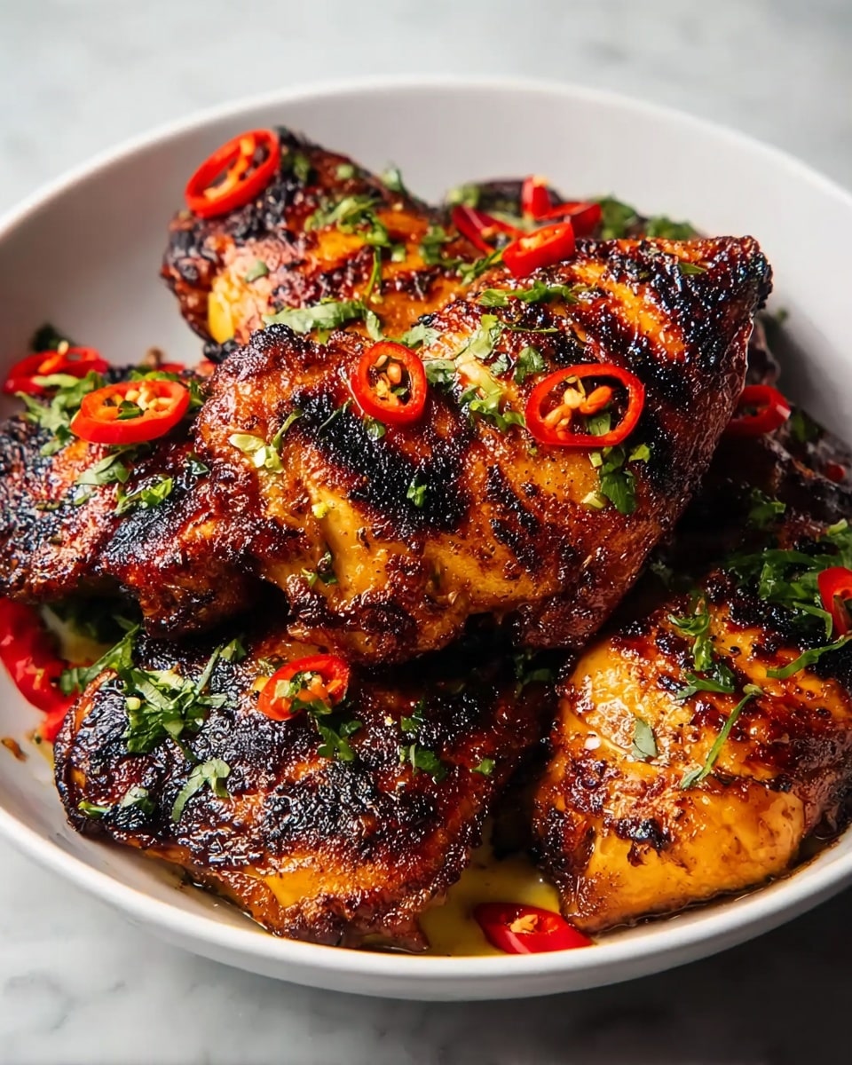 A white bowl holds several pieces of grilled chicken with a crispy, dark brown outer layer showing charred grill marks. The chicken skin has a shiny, slightly oily texture with a golden-orange color underneath the char. The dish is garnished with small green chopped herbs scattered around and thin slices of bright red chili peppers placed on top and among the chicken pieces. The bowl sits on a white marbled surface. photo taken with an iphone --ar 4:5 --v 7