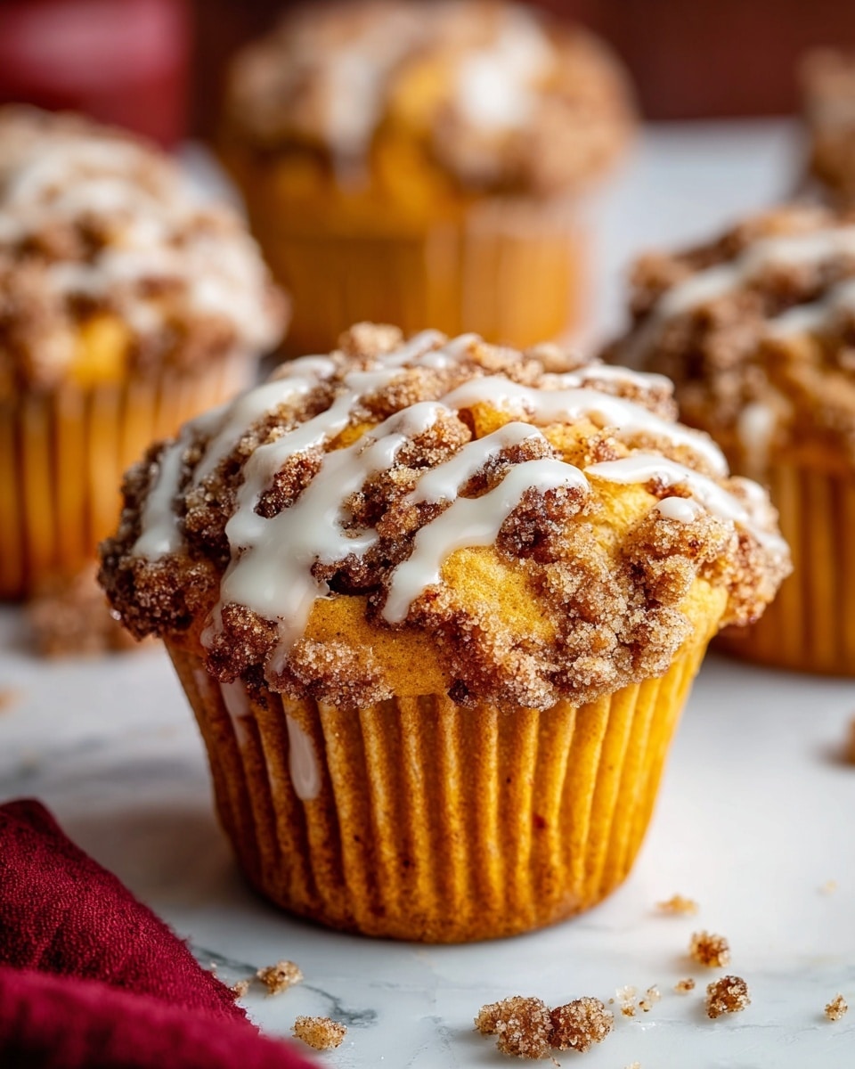 A close-up view of a single muffin with a golden-brown base and top covered with a crumbly streusel layer made of small, dark brown nutty chunks, drizzled unevenly with white icing. The muffin sits on a white marbled surface with some crumbs around it, and in the background, there are blurred muffins with similar topping and white wrappers. A soft-focus red cloth is partly visible at the bottom left corner. photo taken with an iphone --ar 4:5 --v 7