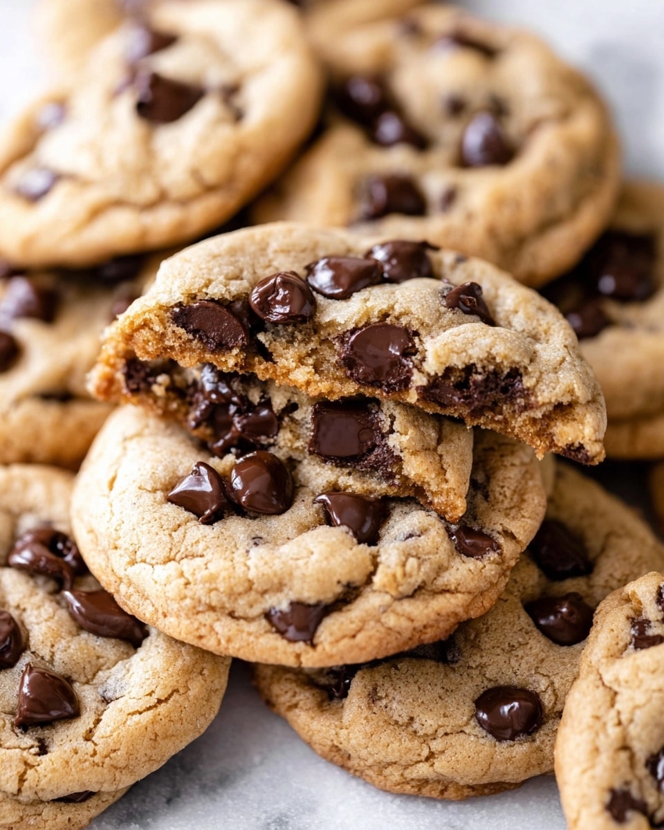 A pile of soft, thick chocolate chip cookies is shown on a white marbled surface, with one cookie broken in half and placed on top at the center. The cookies have a light golden-brown color with a slightly cracked surface. Each cookie has several dark brown, glossy chocolate chips integrated both on the top surface and inside the broken cookie piece. The texture of the cookie dough looks slightly crumbly yet chewy, with melted chocolate chips adding shine and richness. The cookies are stacked loosely, creating a layered effect with some cookies partially visible underneath. photo taken with an iphone --ar 4:5 --v 7