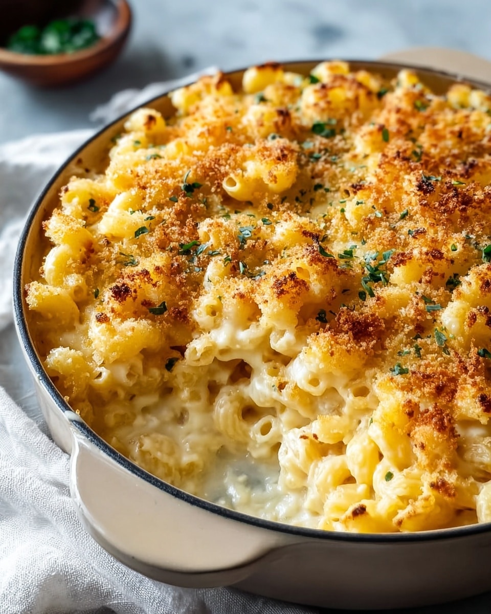 This image shows a round, beige baking dish filled with mac and cheese. The dish holds about three layers: the bottom layer is creamy white cheese sauce mixed with tender, pale yellow curly pasta; the middle layer is more cheese sauce covered by pasta, creating a thick, soft texture; the top layer is golden brown baked cheese with crispy, toasted breadcrumbs and small green herbs sprinkled evenly across. Part of the mac and cheese is scooped out, showing the creamy inside. The dish sits on a white marbled surface with a light cloth nearby. Photo taken with an iphone --ar 4:5 --v 7