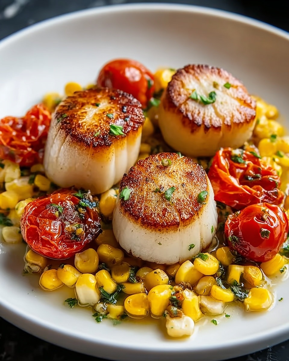 The dish shows three thick, round scallops with a golden brown sear on top, arranged in a triangle at the center of a white plate. Below the scallops is a layer of bright yellow corn kernels mixed with green herbs, giving a textured base. Scattered around the scallops and corn are shiny, roasted whole cherry tomatoes with a rich red color. The white plate rests on a white marbled surface. photo taken with an iphone --ar 4:5 --v 7