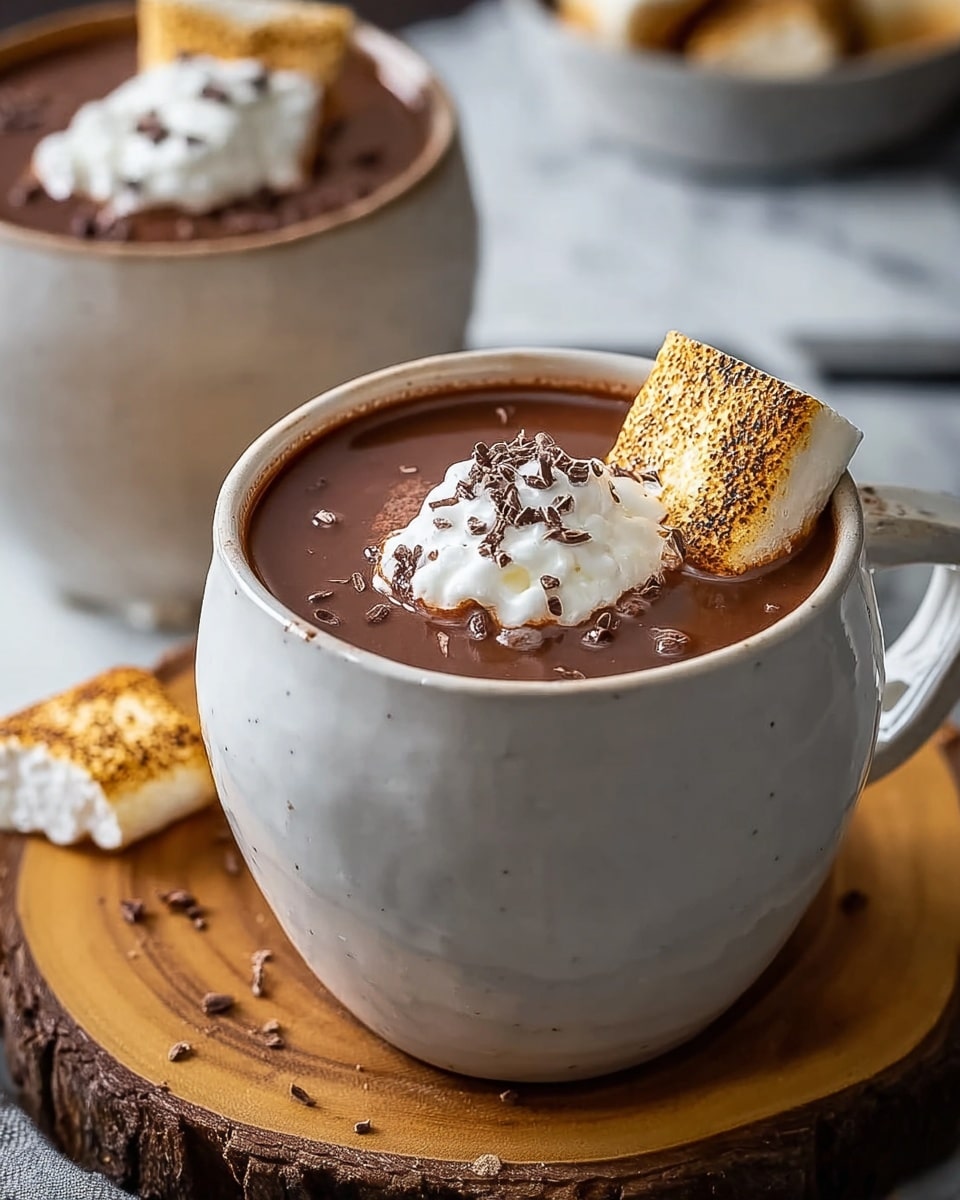 A white rustic ceramic cup filled with smooth dark brown hot chocolate, topped with a dollop of white whipped cream sprinkled with small chocolate shavings, and two golden toasted marshmallow pieces resting on the right side of the cup’s surface; the cup sits on a round wooden board that holds a small toasted marshmallow piece nearby, with another similar cup blurred in the background on a white marbled textured surface. photo taken with an iphone --ar 4:5 --v 7