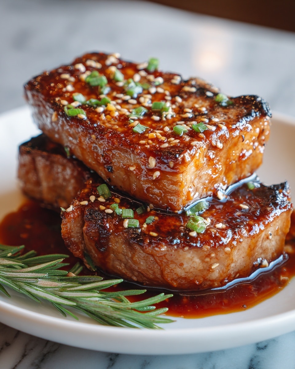 A white plate holds three thick, juicy pork chops stacked in two layers, each chop covered in a shiny, dark brown glaze with visible specks of crushed garlic and green chopped herbs sprinkled on top. The glaze looks sticky and rich, coating the golden-brown seared surface with slight charring around the edges. Fresh sprigs of green rosemary rest next to the pork chops on the plate. The background has a soft, white marbled texture. photo taken with an iphone --ar 4:5 --v 7