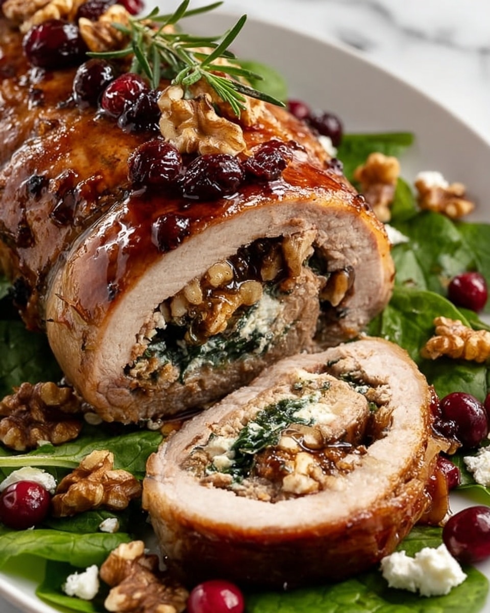 The image shows a thick slice of roasted pork roll, stuffed with layers inside. The outer layer is golden-brown roasted pork skin with a shiny glaze and small pieces of red cranberries on top. Inside, the next layer is light brown cooked pork meat, followed by a dark green leafy vegetable layer mixed with creamy white cheese crumbs and crunchy light brown walnut pieces. The roll is placed on bright green spinach leaves, scattered with extra walnuts, white cheese bits, and red cranberries around it on a white plate, all set on a white marbled surface. photo taken with an iphone --ar 4:5 --v 7
