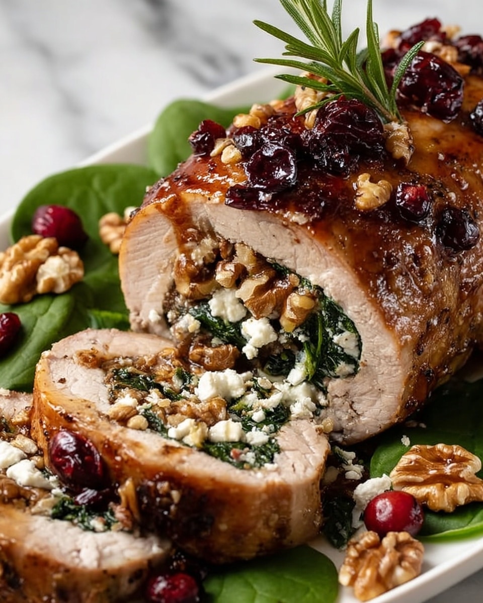 A sliced roast pork roll is shown on a white plate with large green leaves underneath. The pork has a golden-brown, slightly shiny outer layer topped with dark red dried cranberries and a small green rosemary sprig. Inside, the pork is filled with a textured mix of dark green spinach, white crumbly cheese, and chopped walnuts visible in every slice. Around the pork on the white plate are scattered whole walnuts, more white cheese crumbs, and red cranberries. The plate sits on a white marbled surface. Photo taken with an iphone --ar 4:5 --v 7
