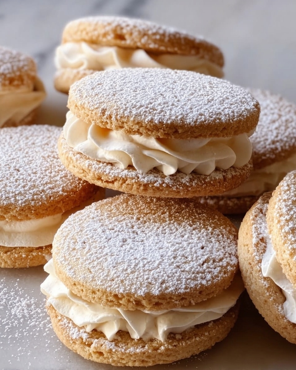 This image shows several sandwich cookies stacked and closely arranged. Each cookie has two light golden-brown round layers with a soft, slightly crumbly texture. Between the cookie layers, there is a thick swirl of creamy white filling with a smooth and fluffy look. The tops of the cookies are dusted evenly with fine white powdered sugar, giving a snowy effect. The cookies are placed on a surface with a white marbled texture, enhancing their warm, inviting colors. photo taken with an iphone --ar 4:5 --v 7