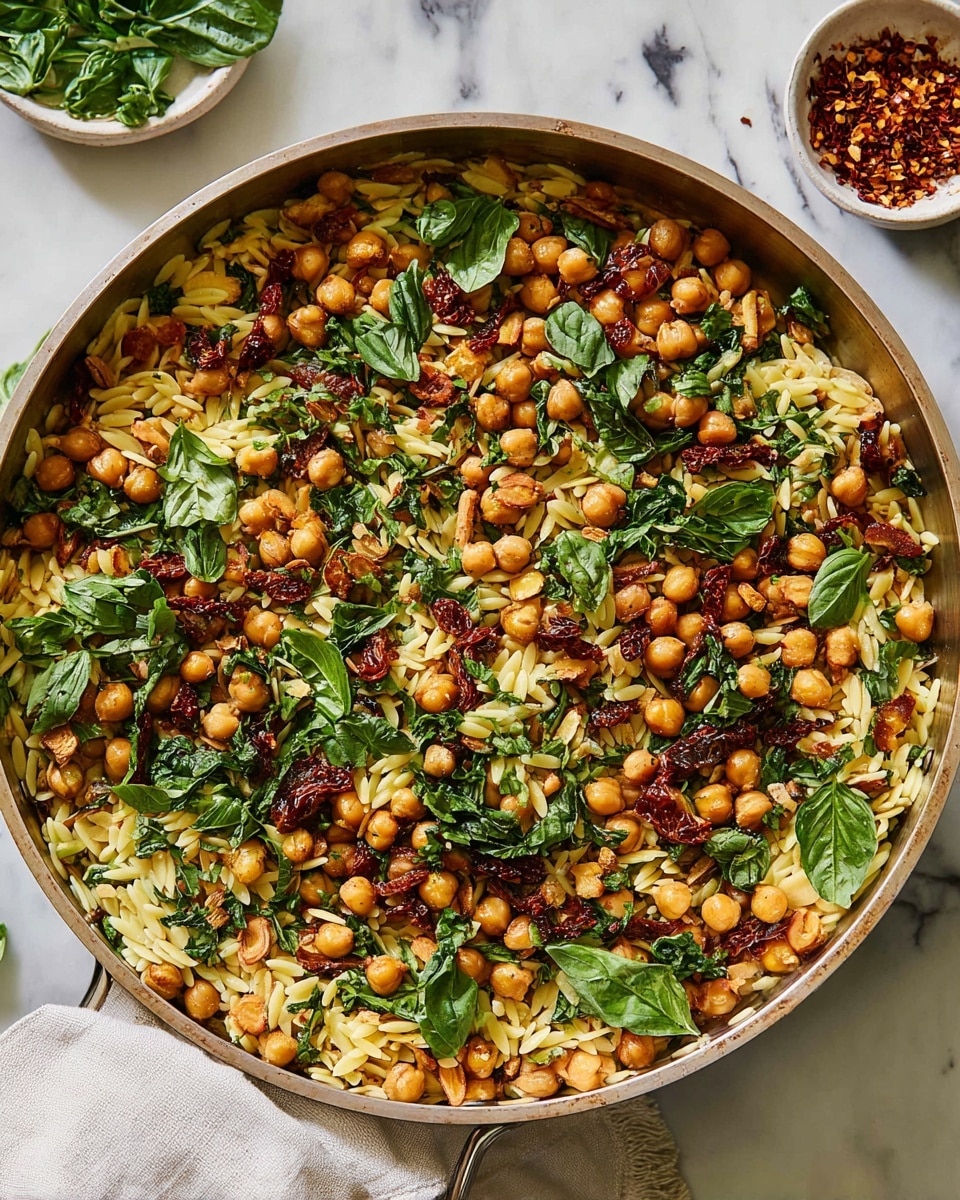 A large frying pan filled with a mixed dish showing three main layers: the base layer is light yellow orzo pasta pieces scattered all over; on top are golden-brown roasted chickpeas spread evenly; and scattered throughout and on top are bright green fresh chopped basil leaves with some darker green wilted parts, plus a sprinkling of light brown pine nuts and small pieces of reddish sun-dried tomatoes. The pan sits on a white marbled surface with a white cloth napkin on the side, and a small white bowl containing red chili flakes is visible in the top right corner. Photo taken with an iphone --ar 4:5 --v 7