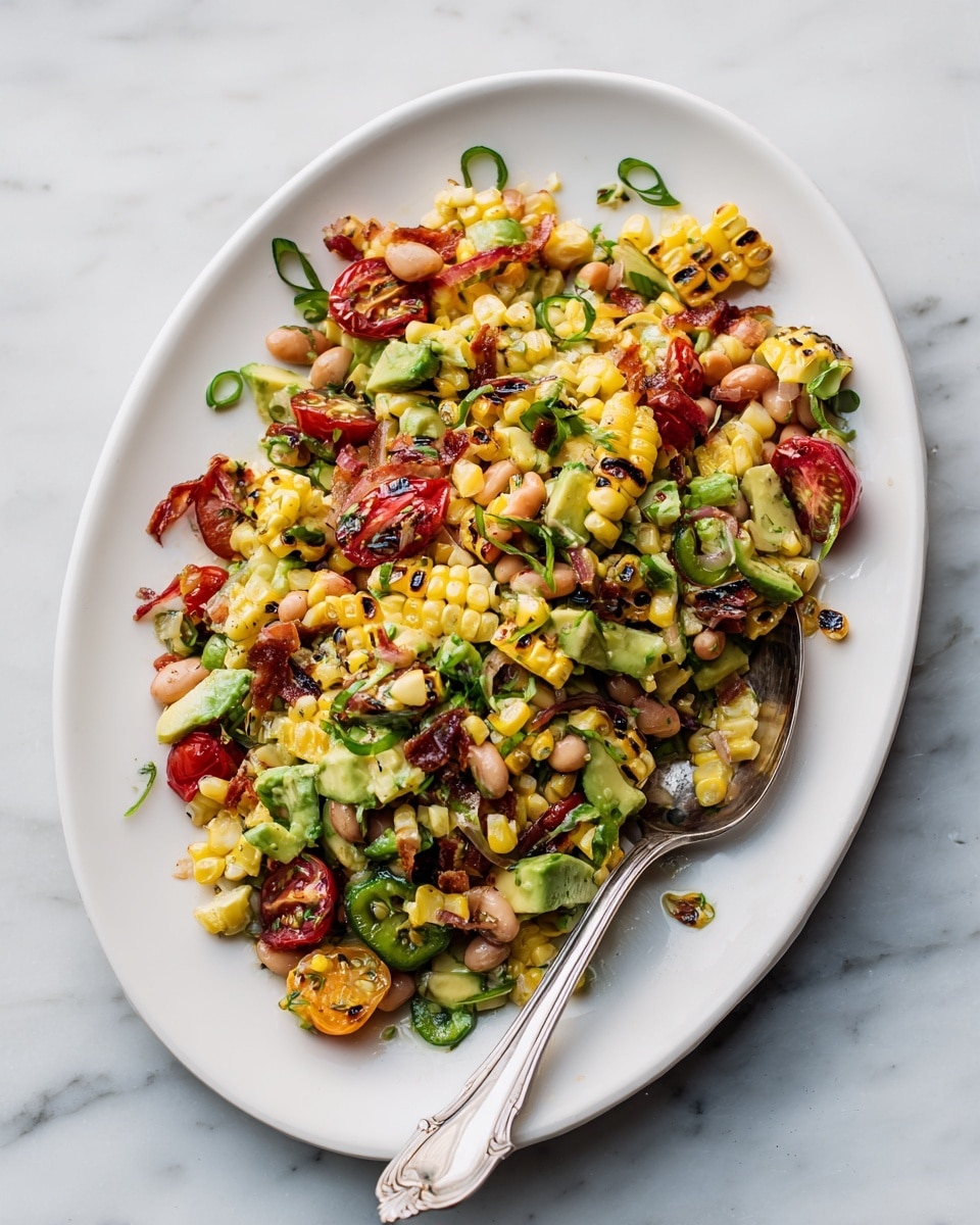 A white oval plate filled with a colorful salad, showing layers of grilled yellow corn kernels with some char marks, light brown beans scattered throughout, bright green chunks of avocado, small roasted red and orange cherry tomatoes with a slightly wrinkled texture, thinly sliced translucent onion rings, and thin slices of green chili peppers mixed in. The salad is sprinkled with tiny green herbs, and a silver spoon rests on the plate's right edge with some salad on it. The plate sits on a white marbled surface. photo taken with an iphone --ar 4:5 --v 7