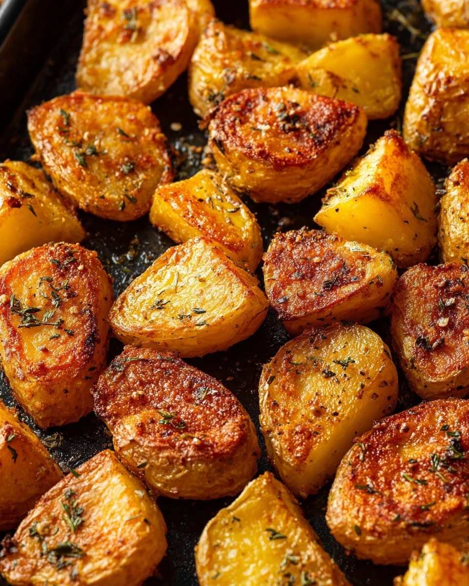 The image shows a close-up view of golden roasted potato pieces arranged on a black tray. Each potato piece has a crispy, browned outer layer with a rough texture, sprinkled with small bits of green herbs and black pepper. The pieces vary in shape and size, with some showing fluffy soft yellow insides and others more compact, all showcasing a crunchy, caramelized crust. The lighting highlights the rich golden and brown colors, creating a warm, appetizing look. Photo taken with an iphone --ar 4:5 --v 7