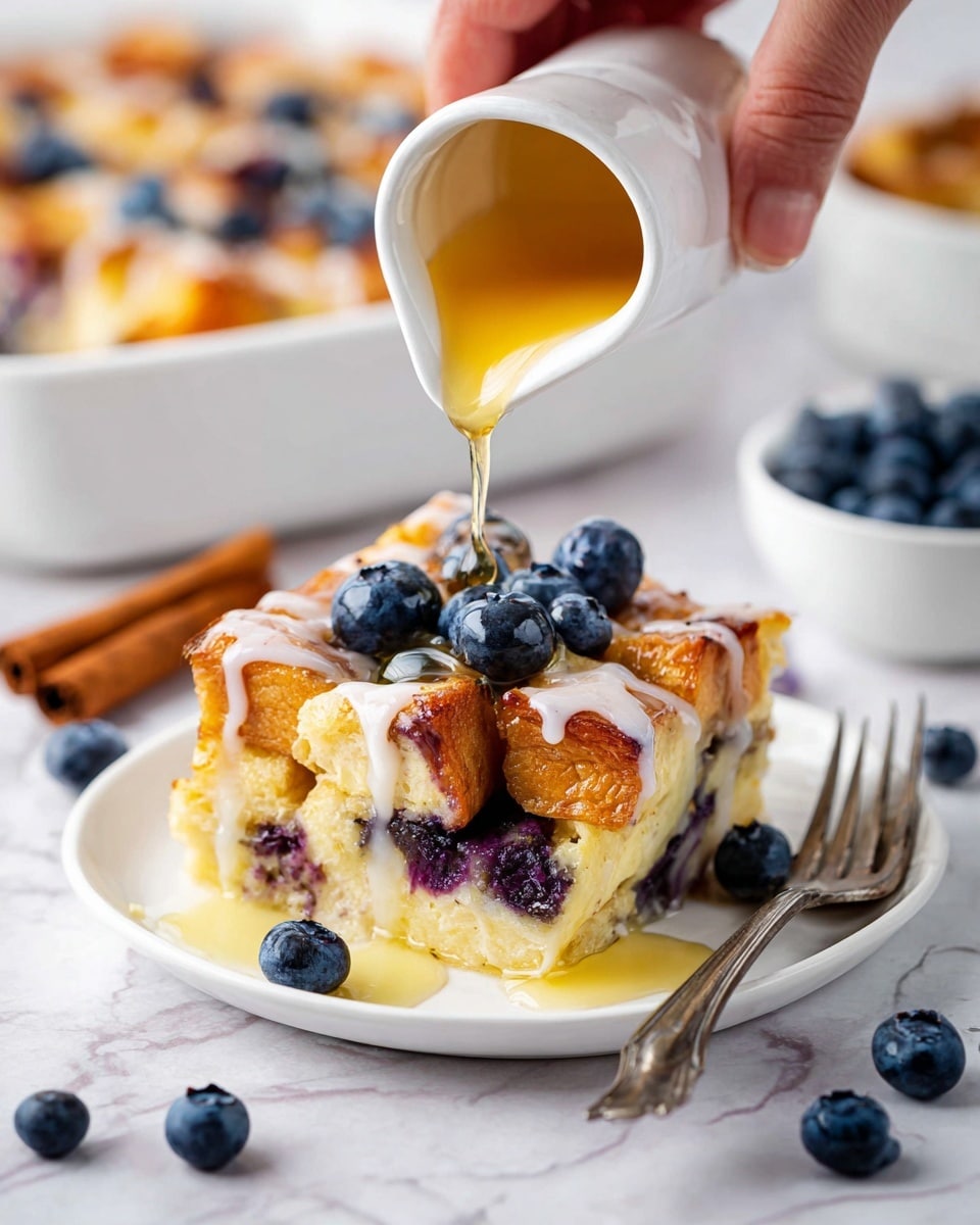 A white plate holds a thick square piece of bread pudding with visible layers: the bottom layer is soft and light yellow soaked bread, the middle layer shows purple blueberries embedded inside, and the top layer is golden brown bread cubes drizzled with white icing. Fresh blueberries are scattered on the top and around the pudding. A woman's hand is pouring golden syrup from a white small pitcher onto the pudding. The scene is on a white marbled surface with scattered fresh blueberries, a fork on the right side, and a cinnamon stick on the left. In the background, a white dish filled with more bread pudding and a small white bowl of blueberries are slightly blurred. Photo taken with an iphone --ar 4:5 --v 7