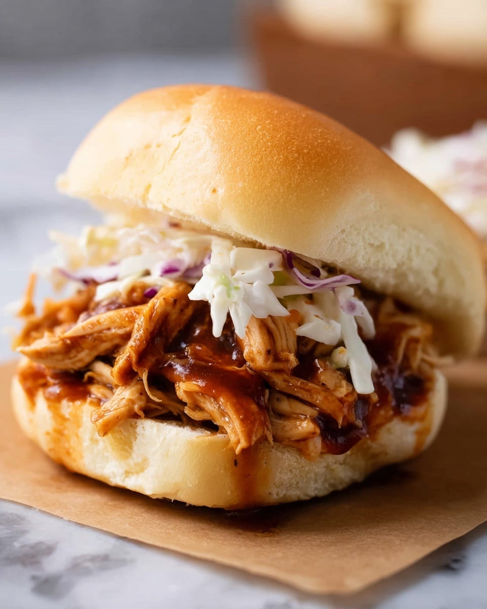 A soft, light tan sandwich bun is slightly open, showing three main layers inside. The bottom layer is pulled chicken coated in a shiny, rich brown sauce, looking tender and juicy. On top of the chicken is a small layer of white coleslaw with thin shreds and a bit of light purple cabbage visible. The top bun rests gently over the filling. The sandwich sits on a piece of brown parchment paper on a white marbled surface. photo taken with an iphone --ar 4:5 --v 7