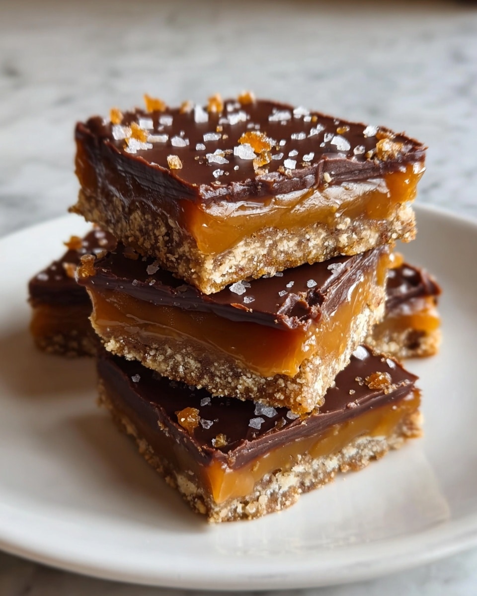 A close-up view of three dessert bars stacked on a white plate, each bar showing three distinct layers: a bottom layer of crumbly, light brown cookie crust, a middle layer of thick, shiny caramel in a rich golden color, and a top layer of smooth dark chocolate with a glossy finish. Small crunchy bits and coarse salt flakes are sprinkled on the chocolate surface, adding texture and contrast. The white plate sits on a white marbled surface, and the photo is taken with an iphone --ar 4:5 --v 7