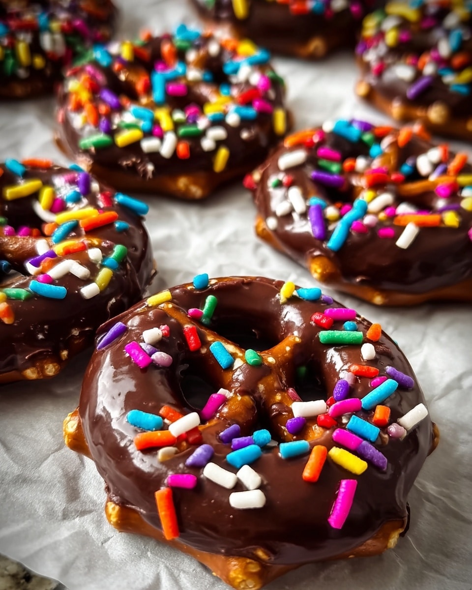 A close-up view of six small pretzels each fully coated in thick, glossy dark chocolate with colorful round and rod-shaped sprinkles scattered on top of the chocolate layer; the pretzels have a golden brown color beneath the chocolate coating, and they rest spread out on white parchment paper over a white marbled surface. The chocolate appears smooth and shiny, while the sprinkles add a bright mix of colors including red, blue, purple, green, yellow, orange, and white, contrasting with the dark chocolate. The image is focused sharply on the closest pretzel in the foreground with the others softly blurred in the background. photo taken with an iphone --ar 4:5 --v 7