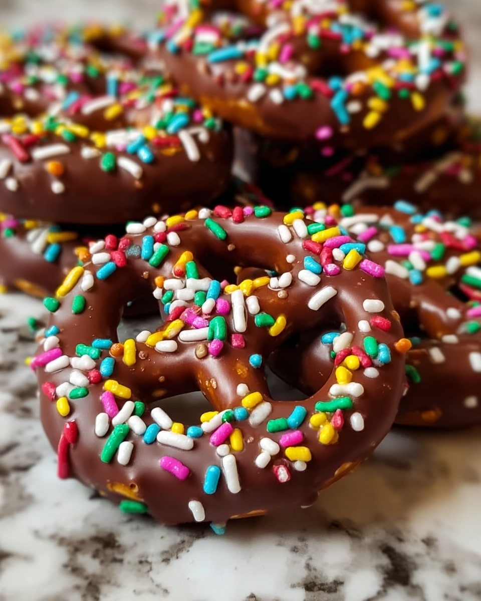 The image shows several pretzels coated in smooth, shiny milk chocolate with a thick layer covering the entire top surface. On top of the chocolate, there are many colorful sprinkles scattered evenly, featuring bright colors like green, white, yellow, red, blue, and pink. The pretzels are stacked close together on a white marbled surface, with the focus on the nearest pretzel showing the glossy texture of the chocolate and the crunchy look of the sprinkles clearly. Photo taken with an iphone --ar 4:5 --v 7