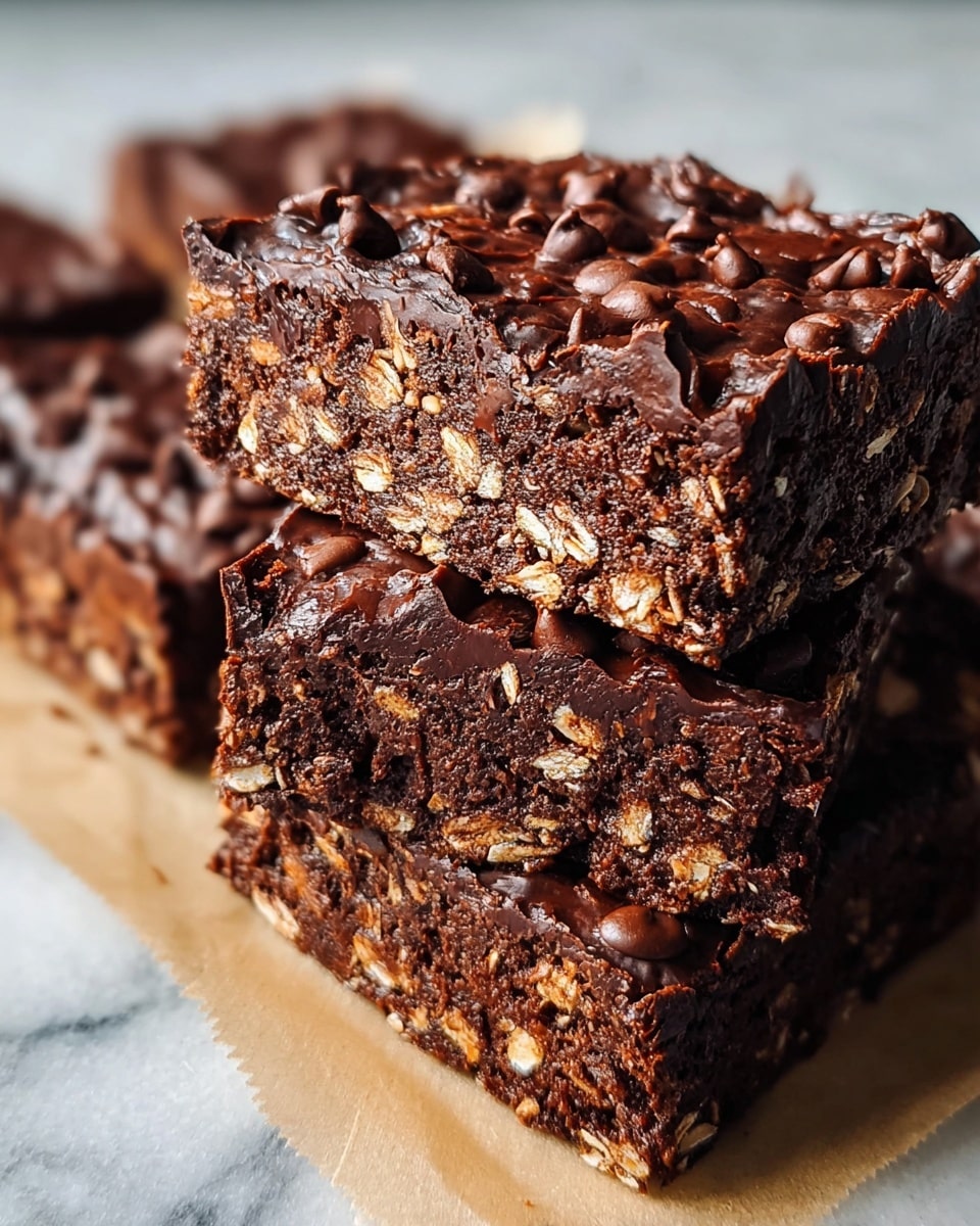 The image shows three thick square brownies placed close together on a piece of parchment paper over a white marbled surface. Each brownie has a rich dark brown color with a dense, moist texture. The top layer is glossy chocolate with scattered oats and small chocolate chips pressed into the surface, creating a slightly bumpy look. The sides of the brownies reveal a fudgy interior filled with more oats, showing a mix of smooth and coarse textures. photo taken with an iphone --ar 4:5 --v 7